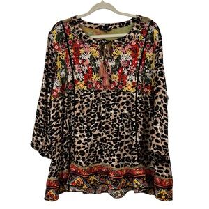 John Mark Women's Boho Pullover Top Tie Front Floral Animal Print Plus Size 2X